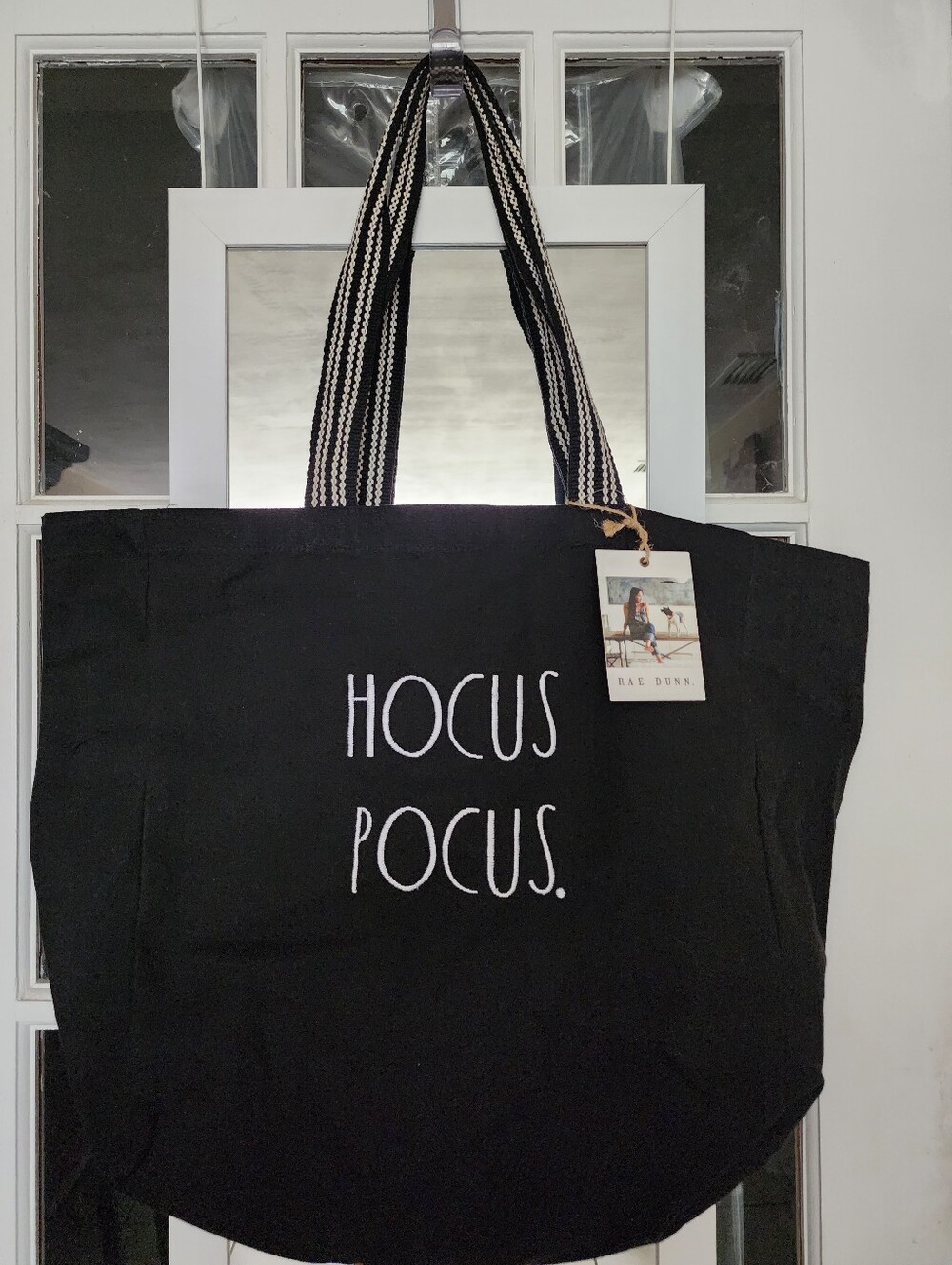 Rae Dunn Embroidered "Hocus Pocus" Halloween Black Large Canvas Tote Bag NWT